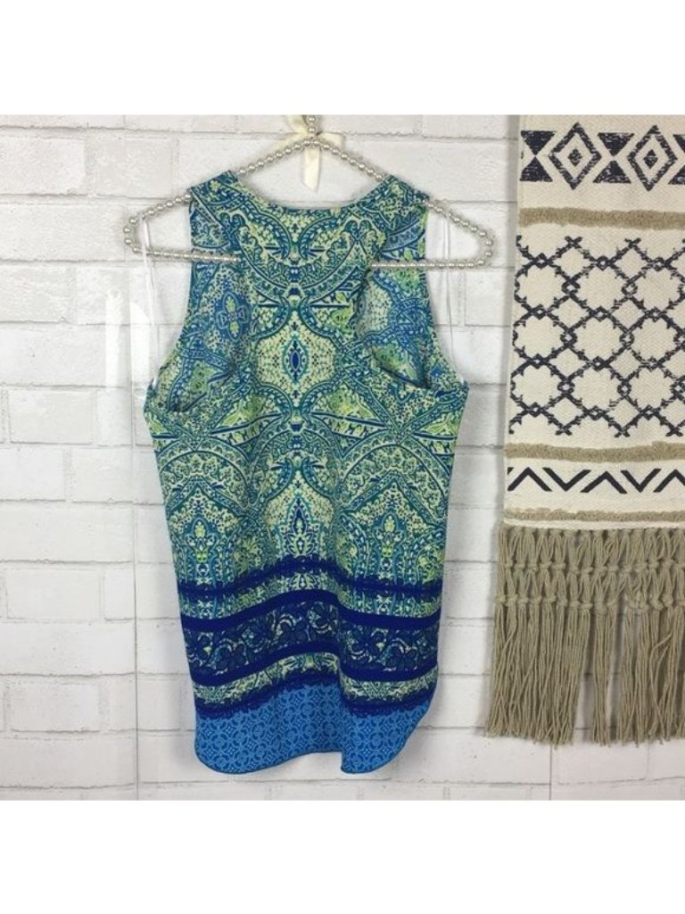 Blue & Green Patterned Sleeveless Tank Top By Pants Store S 97% Polyester 3% Spa — image 5 of 5